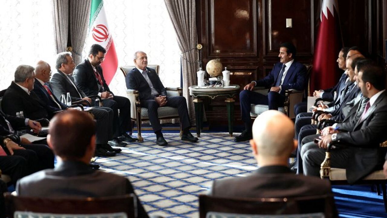 Iranian President Pezeshkian meets Qatar's Emir Sheikh Tamim bin Hamad Al Thani in Moscow