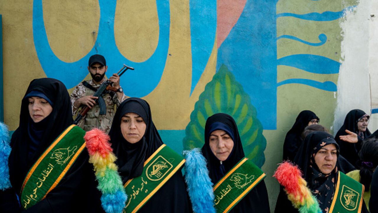  People attend the funeral ceremony of Mahan Setareh, a member of the paramilitary Basij force who was killed in the recent Israeli attacks on June 26, 2025 in Tehran, Iran. A cease-fire between Israel and Iran has brought an end to 12 days of daily aerial attacks that started with Israel's strikes on Iranian military and nuclear sites on June 13. (Photo by Majid Saeedi/Getty Images)
