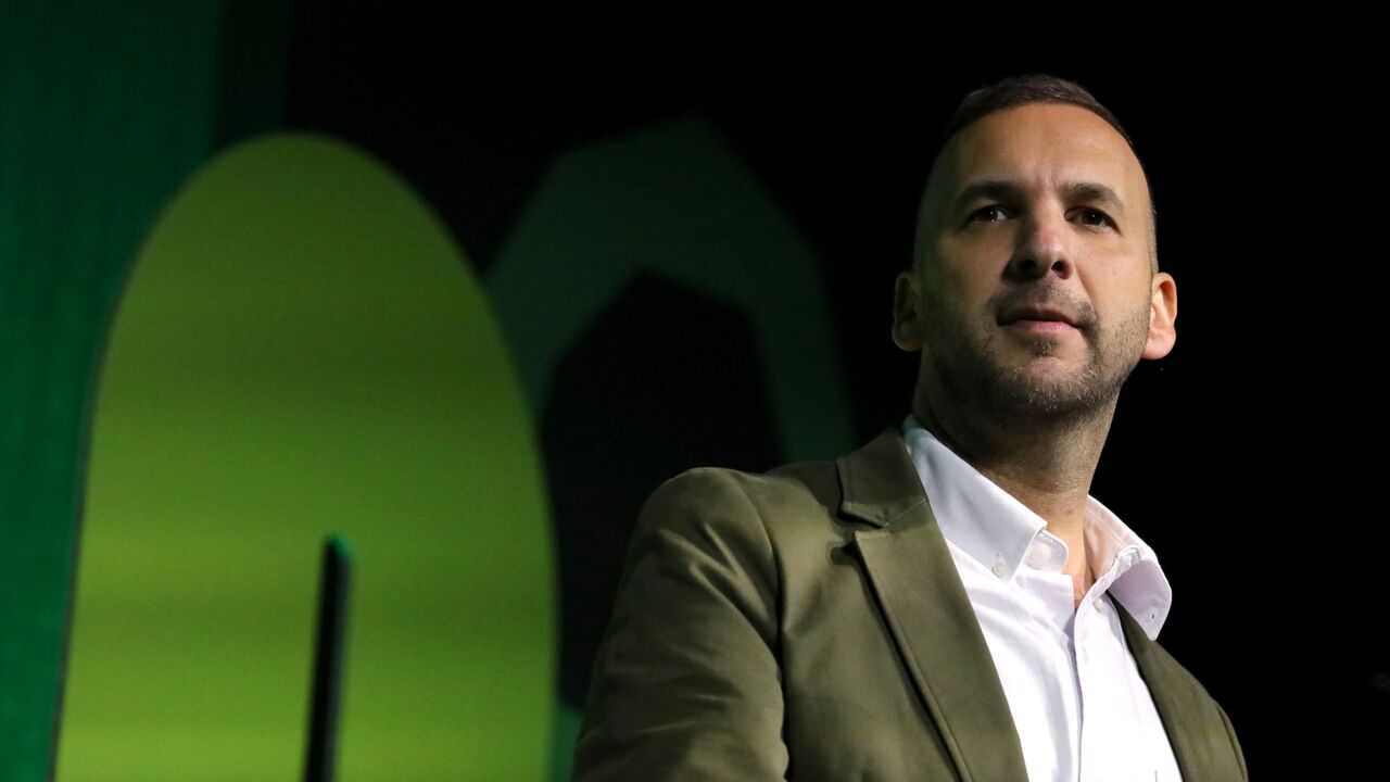 Green Party leader Zack Polanski delivers his speech during day one of the Green Party annual conference at Brighton Centre on Oct. 2, 2026, in Brighton, England.
