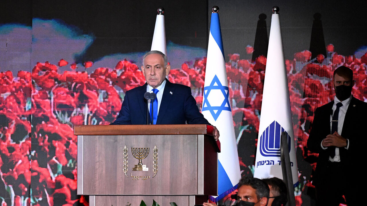 Israeli Prime Minister Benjamin Netanyahu speaks during the state memorial ceremony for the third anniversary of Oct. 7 attack, at Mount Herzl military cemetery, Jerusalem, Oct. 5, 2026.
