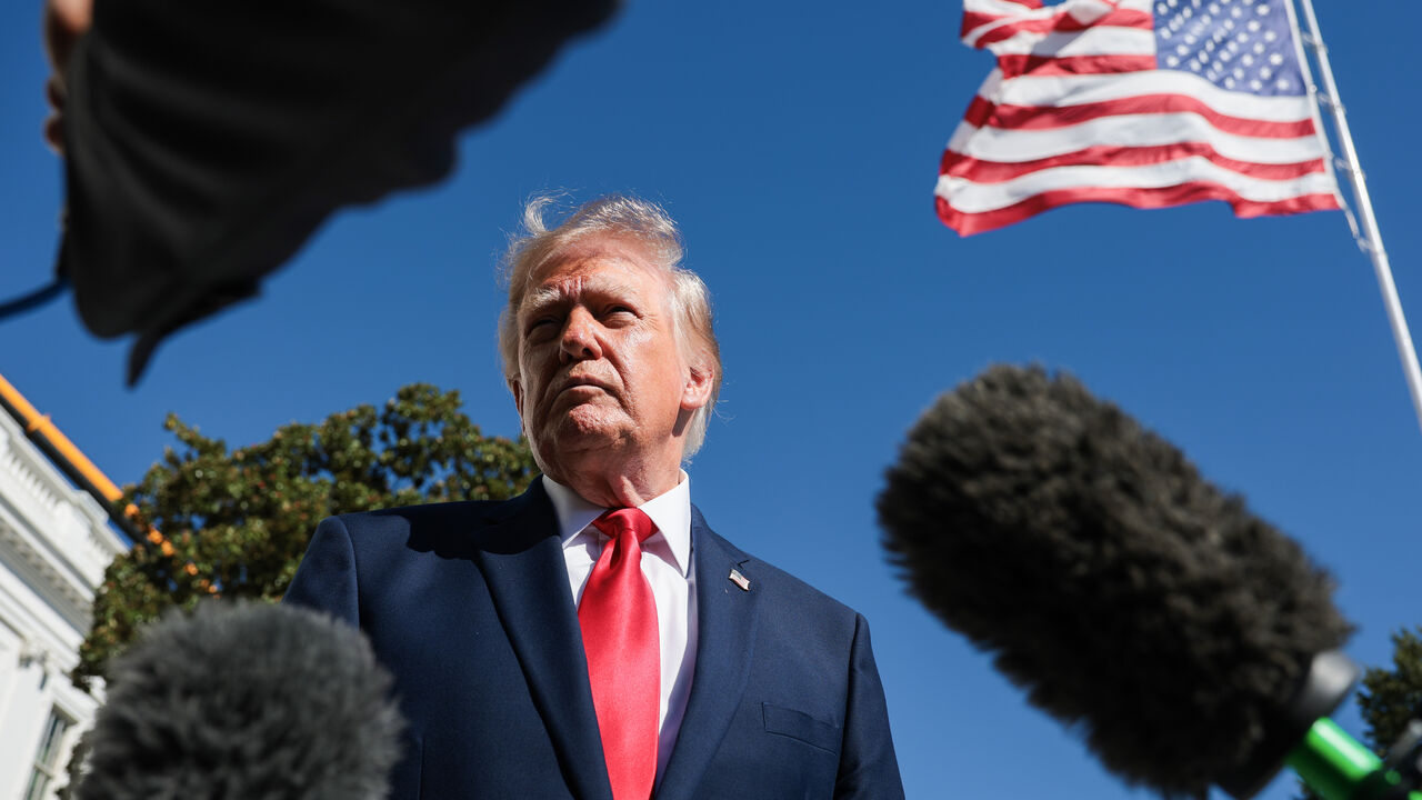 President Donald Trump speaks to reporters before boarding Marine One on the South Lawn of the White House on Oct. 7, 2026 in Washington, DC. 