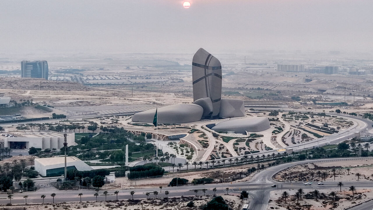 This aerial view shows the King Abdulaziz Centre for World Culture, also known as Ithra (Enrichment), in Dhahran in eastern Saudi Arabia on October 14, 2026, where the city also hosts the headquarters of the Saudi Arabian Oil Company (Saudi Aramco).