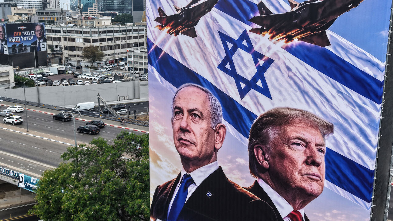 An aerial view shows a campaign billboard depicting Prime Minister Benjamin Netanyahu of the Likud party and US President Donald Trump in Tel Aviv on October 26, 2026, on the eve of the Israel's legislative elections.