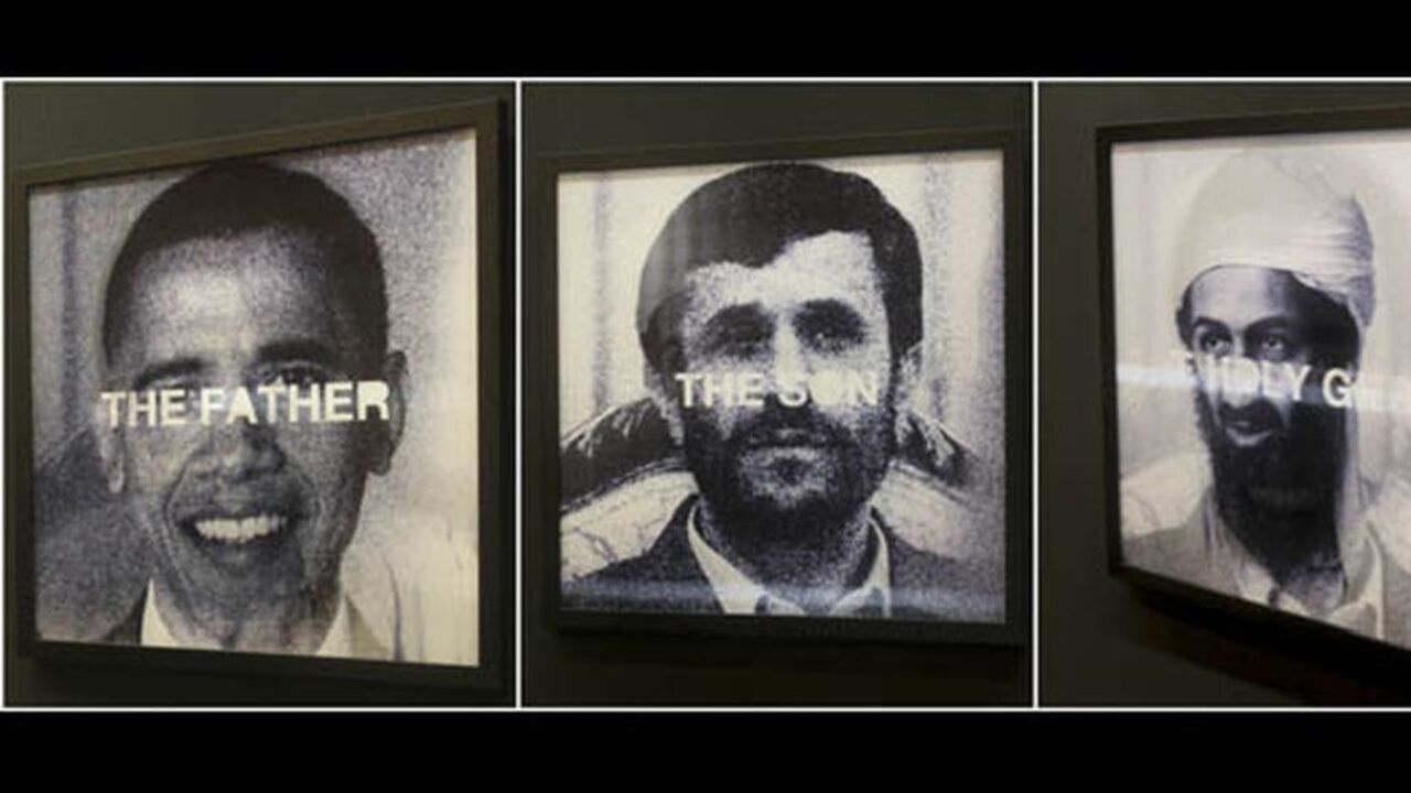 EMIRATES/ A combination picture of the installation titled "Father, Son and The Holy Ghost", by Dubai based Indian artist Vivek "UBIK" Premachandran during his "Relate to the Matter as I Drop the Bomb" exhibition in Dubai, May 18, 2011. The installation features images of (L-R) U.S. President Barack Obama, Iran's President Mahmoud Ahmadinejad and al Qaeda leader Osama bin Laden with the words, The Father, The Son and The Holy Ghost spread across each image respectively. REUTERS/Jumana El-Heloueh (UNITED ARAB EMIRATES