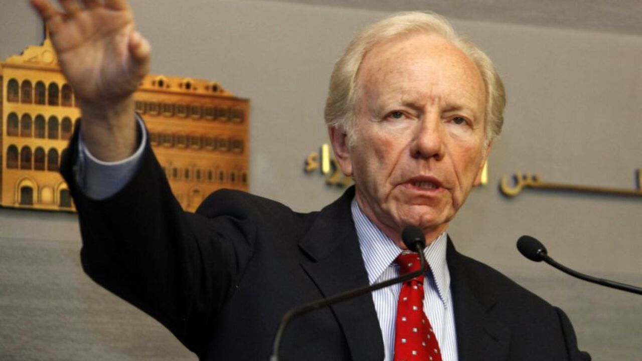 U.S. Senator Joseph Lieberman speaks during a news conference at the government palace in Beirut U.S. Senator Joseph Lieberman speaks during a news conference at the government palace in Beirut May 2, 2012. REUTERS/Mohamad Azakir (LEBANON - Tags: POLITICS)