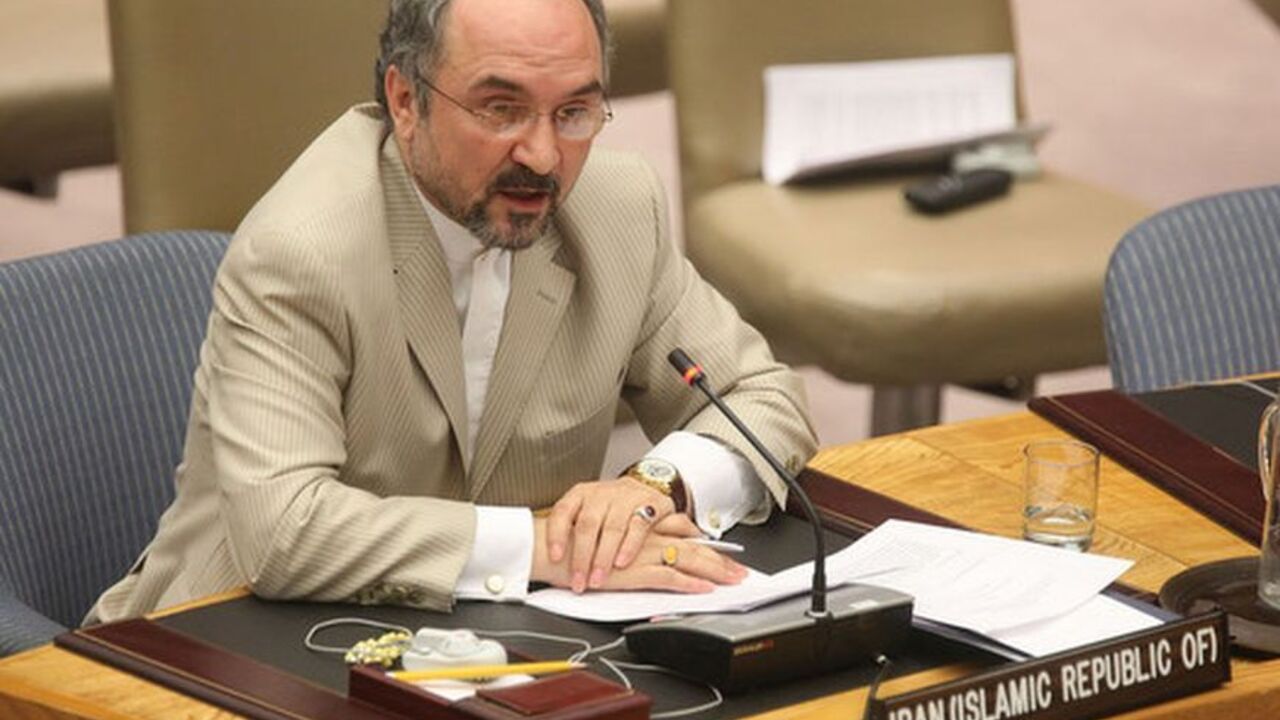 60689270 NEW YORK - JUNE 09: Iran's Ambassador to the U.N. Mohammad Khazaee speaks after a U.N. Security Council vote on a resolution on Iran June 9, 2010 in New York City. The Security Council voted today for new sanctions against Iran for its suspect nuclear program. (Photo by Mario Tama/Getty Images) *** Local Caption *** Mohammad Khazaee
