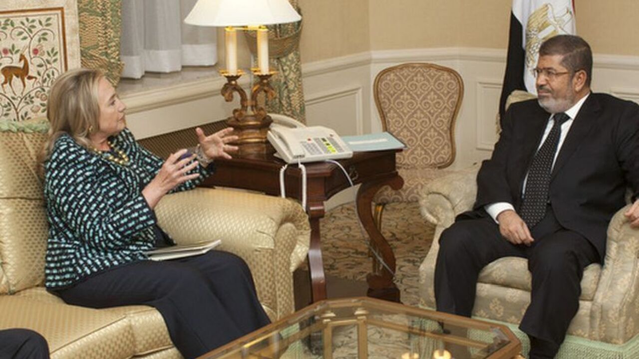 U.S. Secretary of State Clinton meets with Egyptian President Mursi on the sidelines of the U.N. General Assembly in New York U.S. Secretary of State Hillary Clinton meets with Egyptian President Mohamed Mursi on the sidelines of the United Nations General Assembly in New York September 24, 2012. REUTERS/Andrew Kelly (UNITED STATES - Tags: POLITICS)