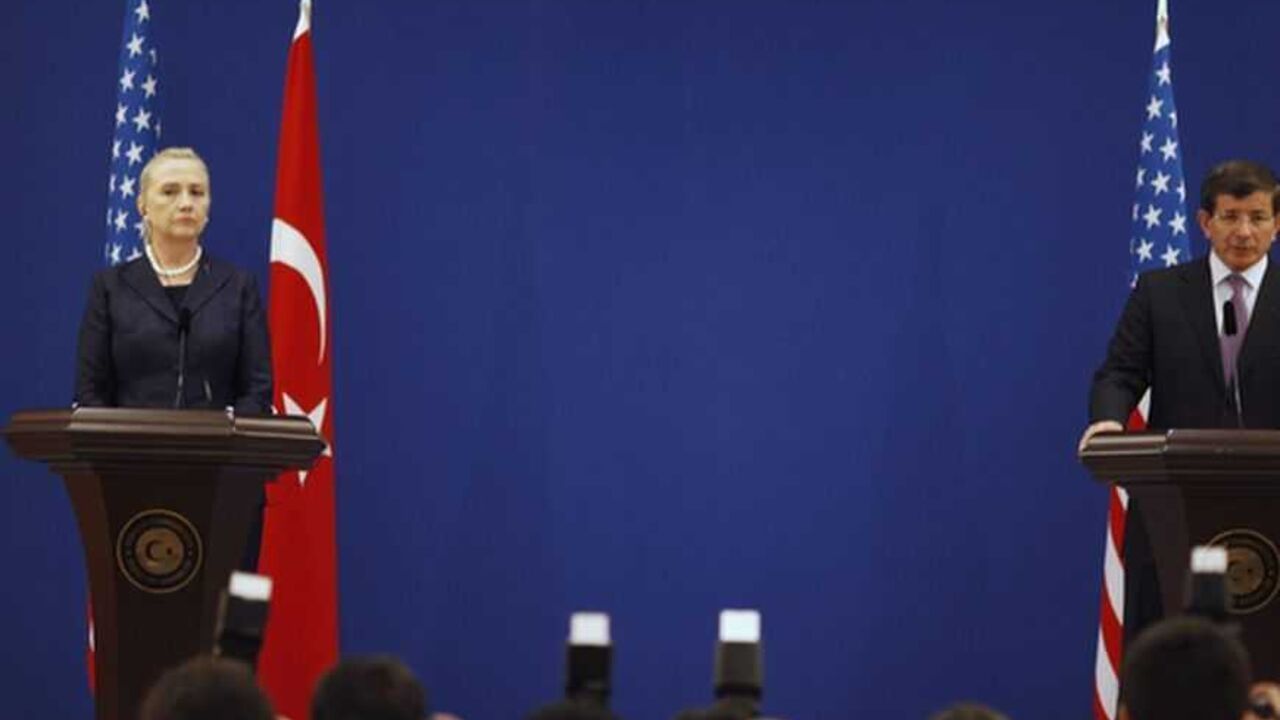 U.S. Secretary of State Clinton and Turkish Foreign Minister Davutoglu attend a news conference U.S. Secretary of State Hillary Clinton (L) and Turkish Foreign Minister Ahmet Davutoglu attend a news conference after their meeting in Istanbul August 11, 2012. REUTERS/Osman Orsal (TURKEY - Tags: POLITICS)