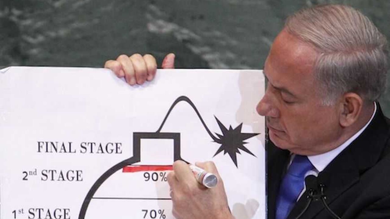 Israel's Prime Minister Netanyahu draws red line on graphic of bomb used to represent Iran's nuclear program as he addresses 67th United Nations General Assembly in New York Israel's Prime Minister Benjamin Netanyahu draws a red line on the graphic of a bomb used to represent Iran's nuclear program as he addresses the 67th United Nations General Assembly at the U.N. Headquarters in New York, September 27, 2012. The red line he drew represents a point where he believes, the international community should tell Iran that they will not be allowed to pass without intervention. REUTERS/Lucas Jackson (UNITED STATES - Tags: POLITICS) - RTR38I7P