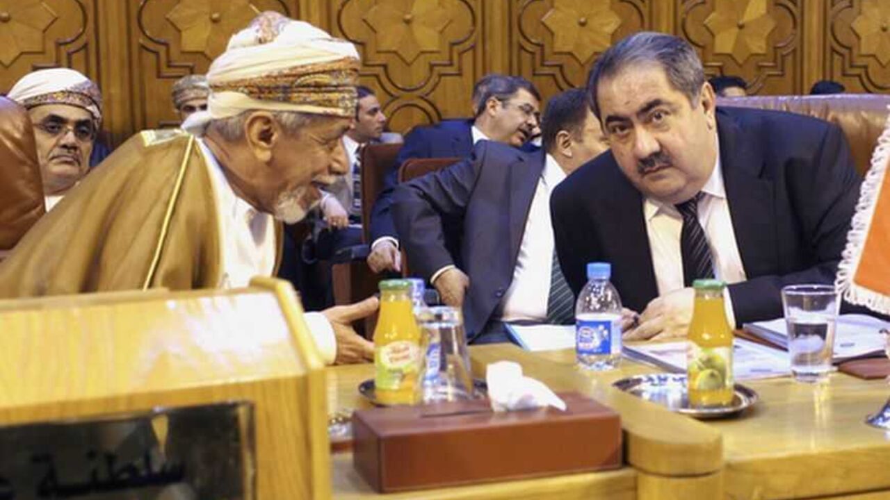 Iraq's FM Hoshiyar Zebari talks with an Omani Foreign Affairs representative as they attend the foreign ministers' meeting at the headquarters in Cairo Iraq's Foreign Minister Hoshiyar Zebari (R) talks with an Omani Foreign Affairs representative as they attend the Arab League foreign ministers' meeting on Syria at the Arab League headquarters in Cairo November 12 , 2012. REUTERS/Asmaa Waguih (EGYPT - Tags: POLITICS) - RTR3ABK8