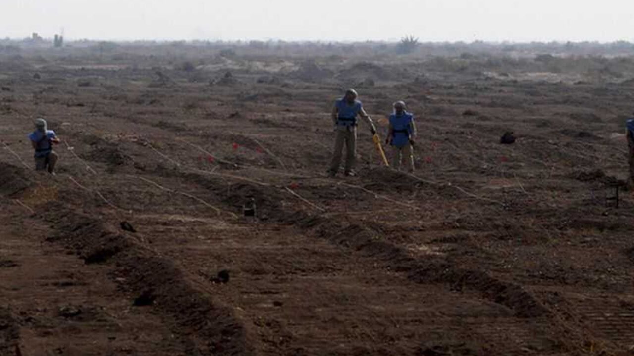Members of the Iraqi Mine and Unexploded Ordnance Clearance Organization (IMCO) work to find mines in the Shatt-al-Arab district, in Iraq's southern city of Basra, November 6, 2012. Decades of war have left Iraq with one of the worst mine problems in the world, according to UNICEF, with around 20 million anti-personnel mines and more than 50 million cluster bombs believed to be left over in border areas and southern oilfields. Iraq's Environment Ministry says there are 25 million landmines scattered around 