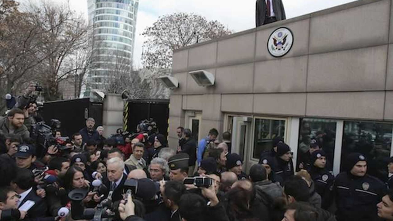 U.S. Ambassador to Turkey Francis Ricciardone speaks to media outside of the U.S. Embassy in Ankara U.S. Ambassador to Turkey Francis Ricciardone (L, with white hair) speaks to media outside of the U.S. Embassy in Ankara February 1, 2013. A suicide bomber from a far-left group killed a Turkish security guard at the U.S. embassy in Ankara on Friday, blowing the door off a side entrance and sending smoke and debris flying into the street. The attacker blew himself up inside U.S. property, Ankara Governor Alaaddin Yuksel said. The blast sent masonry spewing out of the wall and could be heard a mile away. REU