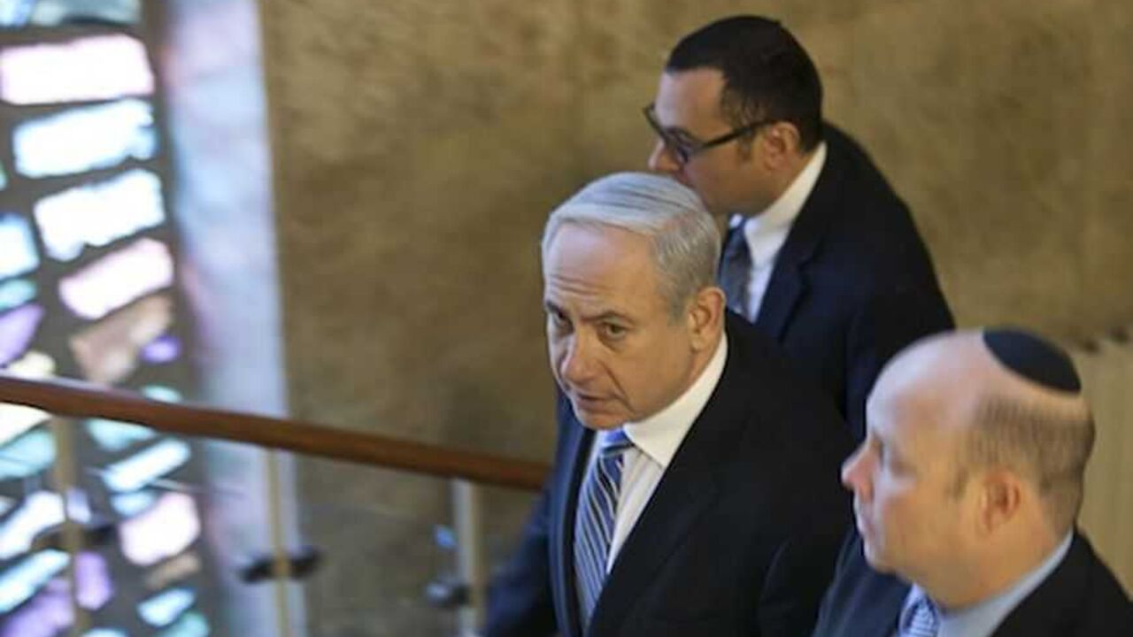 Israel's PM Netanyahu arrives for the weekly cabinet meeting in Jerusalem Israel's Prime Minister Benjamin Netanyahu (L) arrives for the weekly cabinet meeting in Jerusalem February 10, 2013. Iran's nuclear ambitions, the civil war in Syria and stalled Israeli-Palestinian peace efforts will top the agenda of U.S. President Barack Obama's visit to Israel, Netanyahu said on Sunday. REUTERS/Uriel Sinai/Pool (JERUSALEM - Tags: POLITICS) - RTR3DKO7