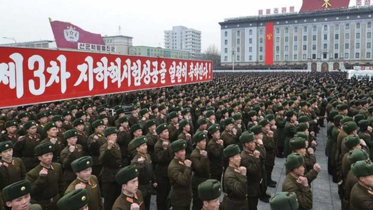 North Korean soldiers attend a rally celebrating the country's third nuclear test at the Kim Il-Sung square in Pyongyang February 14, 2013 in this picture taken and released by the North's official KCNA news agency. North Korea conducted nuclear test on Tuesday. Korean characters read,"(We) celebrate ardently success of the third underground nuclear test!". REUTERS/KCNA (NORTH KOREA - Tags: POLITICS MILITARY) ATTENTION EDITORS - THIS PICTURE WAS PROVIDED BY A THIRD PARTY. REUTERS IS UNABLE TO INDEPENDENTLY 