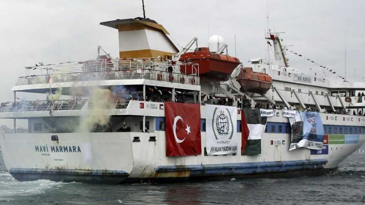 Turkish ship Mavi Marmara, carrying pro-Palestinian activists to take part of a humanitarian convoy, leaves from Sarayburnu port in Istanbul Turkish ship Mavi Marmara, carrying pro-Palestinian activists to take part of a humanitarian convoy, leaves from Sarayburnu port in Istanbul May 22, 2010. Picture taken May 22, 2010. Israeli commandos stormed Gaza-bound aid ships on Monday and at least 10 pro-Palestinian activists on board were killed, unleashing a diplomatic crisis and charges of a "massacre" from the Palestinian president. REUTERS/Emrah Dalkaya (TURKEY - Tags: POLITICS CIVIL UNREST) - RTR2EL3O