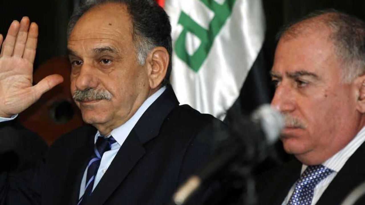 Iraqi Sunni Deputy Prime Minister Saleh al-Mutlaq and Iraqiya Sunni speaker of parliament Osama al-Nujaifi hold a news conference for the seniors of Iraqiya bloc in Baghdad Iraqi Sunni Deputy Prime Minister Saleh al-Mutlaq (L) and Iraqiya Sunni speaker of parliament Osama al-Nujaifi hold a news conference for the seniors of Iraqiya bloc in Baghdad January 18, 2012. REUTERS/Mohammed Ameen (IRAQ - Tags: POLITICS) - RTR2WGNT