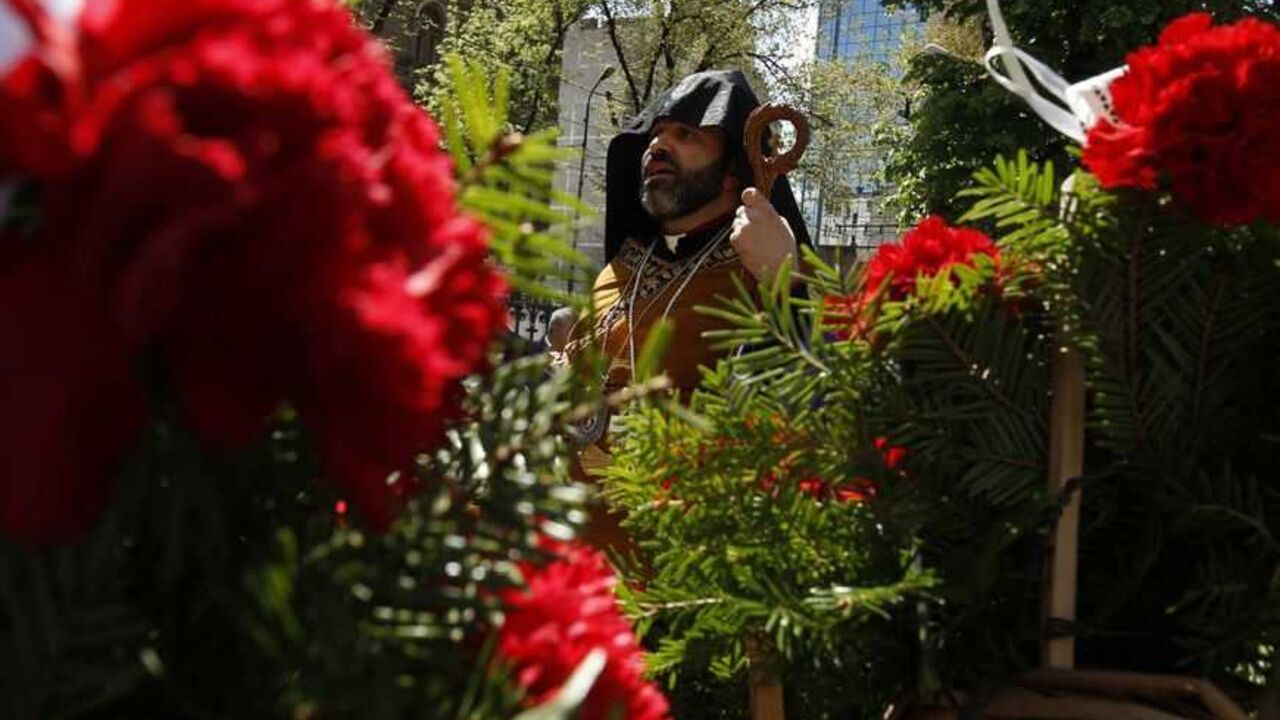 Armenian Bishop Datev Hagopian attends a wreath laying ceremony after a special prayer marking the anniversary of mass killings of Armenians in Ottoman Empire in 1915, outside the Armenian Church in Bucharest Armenian Bishop Datev Hagopian attends a wreath laying ceremony after a special prayer marking the anniversary of mass killings of Armenians in Ottoman Empire in 1915, outside the Armenian Church in Bucharest April 24, 2012. Armenia, backed by many historians and parliaments, says that about 1.5 million Christian Armenians were killed in what is now eastern Turkey during World War One in a deliberate policy of genocide ordered by the Ottoman government. Successive Turkish governments and the vast majority o