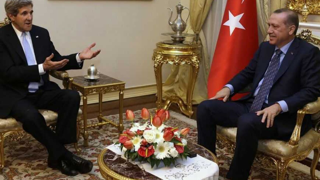 U.S. Secretary of State John Kerry meets with Turkish Prime Minister Tayyip Erdogan at Ankara Palace in Ankara U.S. Secretary of State John Kerry (L) meets with Turkish Prime Minister Tayyip Erdogan at Ankara Palace in Ankara, March 1, 2013. Kerry said on Friday the United States found a comment by Turkey's prime minister, likening Zionism to crimes against humanity, "objectionable", overshadowing their talks on the crisis in neighbouring Syria. REUTERS/Jacquelyn Martin/Pool (TURKEY - Tags: POLITICS) - RTR3EG91