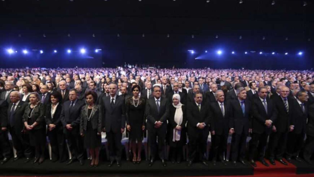 Lebanese leaders and members of the "14 March Alliance", politicians and supporters of former Lebanese PM Hariri stand during a ceremony in Beirut Lebanese leaders and members of the "14 March Alliance", politicians and supporters of former Lebanese Prime Minister Saad al-Hariri stand during a ceremony commemorating the eighth anniversary of the assassination of his father, former Prime Minister Rafik al-Hariri, in Beirut February 14, 2013. REUTERS/Mohamed Azakir (LEBANON - Tags: POLITICS ANNIVERSARY) - RTR3DSMS
