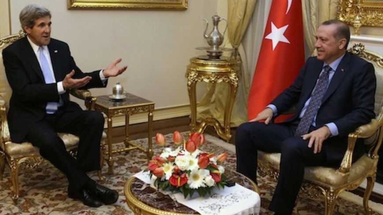 U.S. Secretary of State John Kerry meets with Turkish Prime Minister Tayyip Erdogan at Ankara Palace in Ankara U.S. Secretary of State John Kerry (L) meets with Turkish Prime Minister Tayyip Erdogan at Ankara Palace in Ankara, March 1, 2013. Kerry said on Friday the United States found a comment by Turkey's prime minister, likening Zionism to crimes against humanity, "objectionable", overshadowing their talks on the crisis in neighbouring Syria. REUTERS/Jacquelyn Martin/Pool (TURKEY - Tags: POLITICS) - RTR3EG91