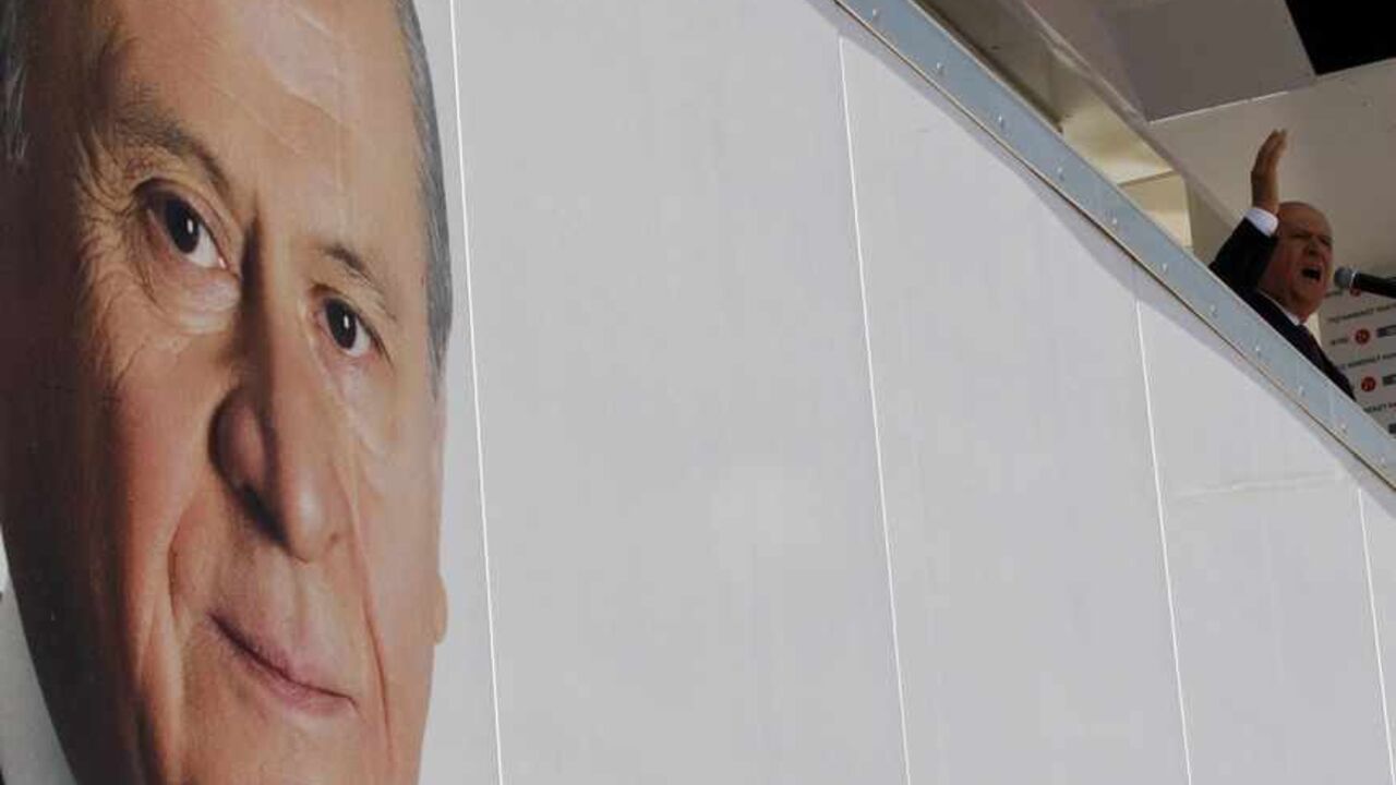MHP leader Devlet Bahceli addresses his supporters during an election rally in Ankara Nationalist Movement Party (MHP) leader Devlet Bahceli addresses his supporters during an election rally in Ankara, June 4, 2011. Turkey will hold parliamentary elections on June 12. REUTERS/Umit Bektas (TURKEY - Tags: ELECTIONS POLITICS) - RTR2NA7B