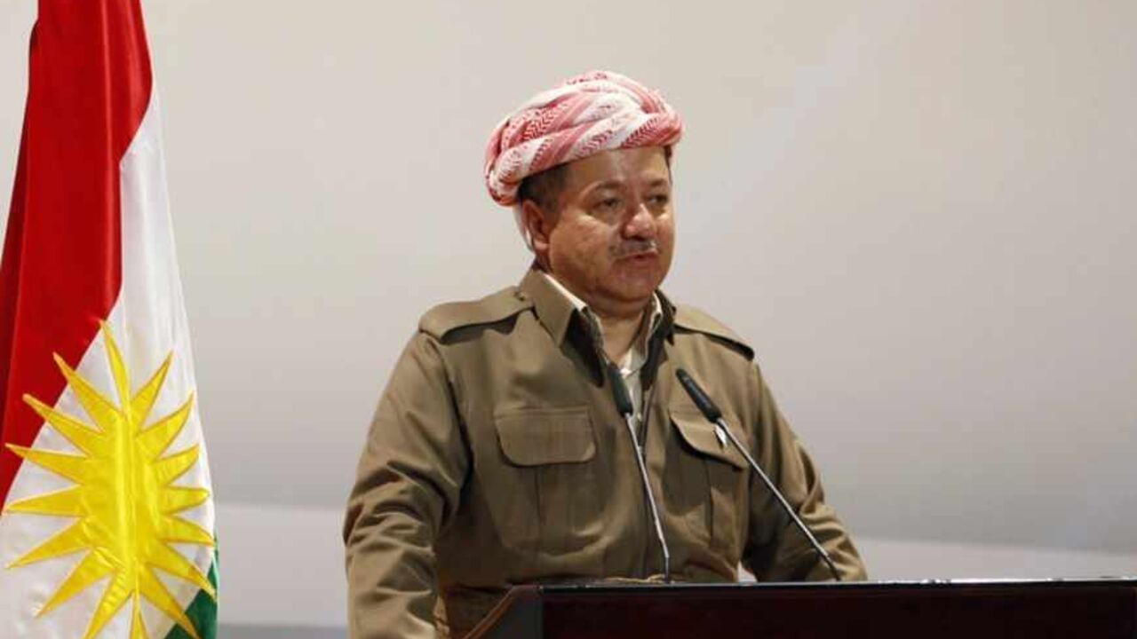 Masoud Barzani, president of Iraq's autonomous Kurdistan region, addresses the opening of a conference on "Recognizing Kurdish Genocide" in Arbil Masoud Barzani, president of Iraq's autonomous Kurdistan region, addresses the opening of a conference on "Recognizing Kurdish Genocide" in Arbil, about 350 km (217 miles) north of Baghdad, March 14, 2013. REUTERS/Thaier al-Sudani (IRAQ - Tags: CIVIL UNREST POLITICS) - RTR3EZ36