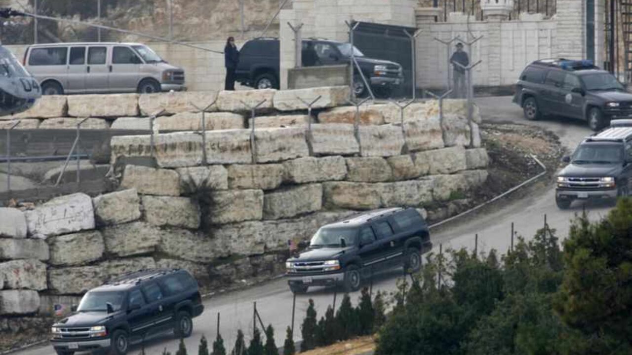 Motorcade of U.S. President George W. Bush moves towards the Church of the Nativity in Bethlehem The motorcade of U.S. President George W. Bush moves towards the Church of the Nativity in the West Bank town of Bethlehem January 10, 2008. Passing through a tiny "Door of Humility", Bush made a pilgrimage to the traditional birthplace of Jesus on Thursday in the first U.S. presidential visit to the occupied West Bank. REUTERS/Ammar Awad (WEST BANK) - RTX5EYY