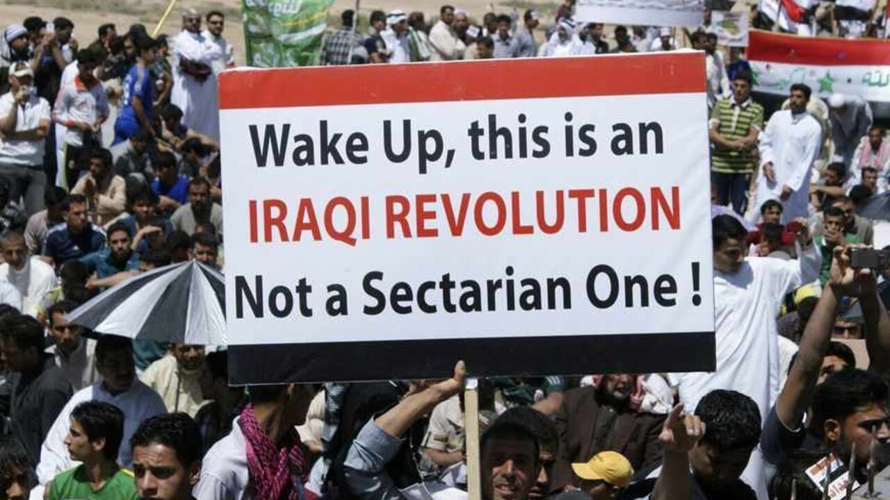 Iraqi Sunni Muslims take part in an anti-government demonstration in Falluja Iraqi Sunni Muslims take part in an anti-government demonstration in Falluja, 50 km (31 miles) west of Baghdad, April 5, 2013. Thousands of Sunni Muslims protested after Friday prayers in huge rallies against Shi'ite Iraqi Prime Minister Nuri al-Maliki, demanding that he step down. REUTERS/Mohanned Faisal (IRAQ - Tags: POLITICS) CIVIL UNREST) - RTXY9JG