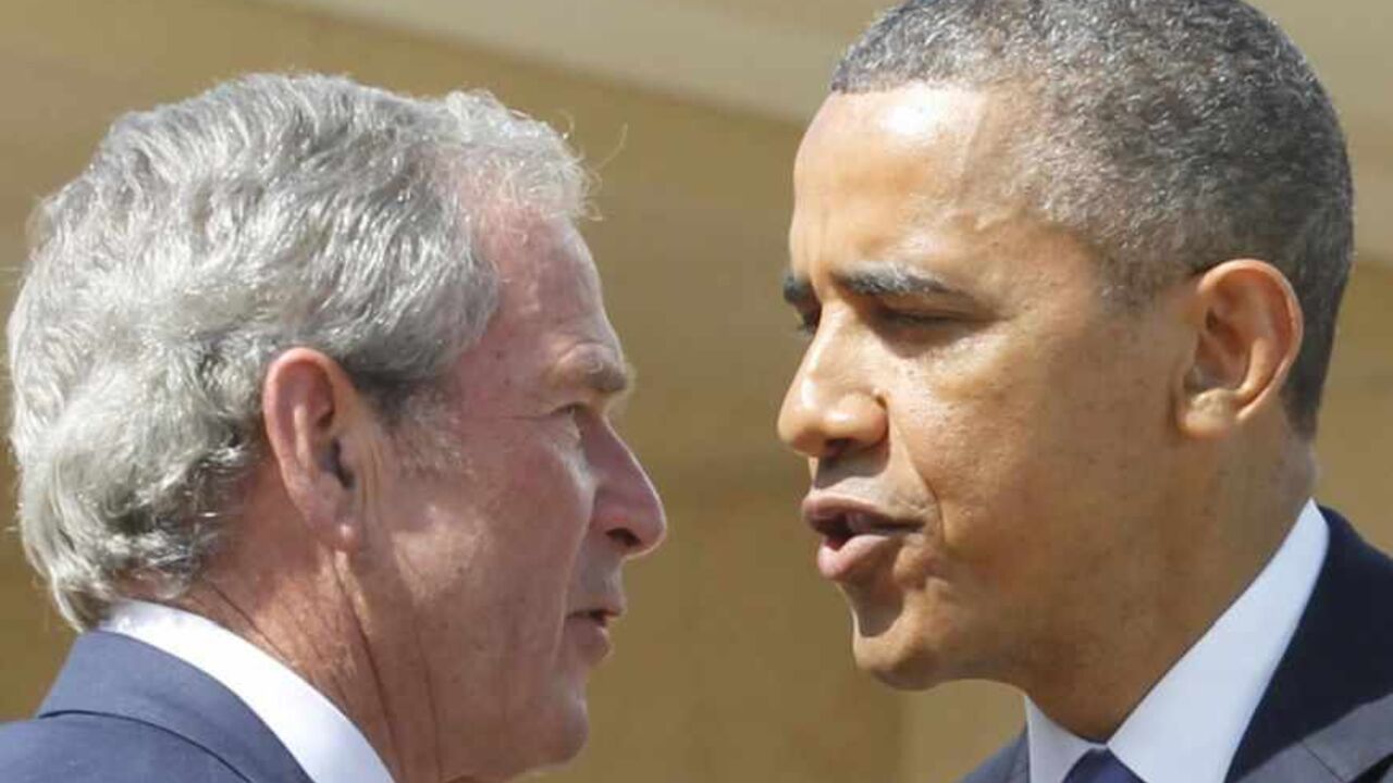 U.S. President Barack Obama embraces former president George W. Bush following remarks at the dedication ceremony of the George W. Bush Presidential Center in Dallas U.S. President Barack Obama embraces former president George W. Bush following remarks at the dedication ceremony of the George W. Bush Presidential Center in Dallas, April 25, 2013. Obama is in Texas to stand shoulder-to-shoulder with Bush in what could serve as a powerful reminder of the ongoing struggle against terrorism, from the Sept. 11 attacks to the Boston Marathon bombings. REUTERS/Jason Reed (UNITED STATES - Tags: POLITICS) - RTXYZY9