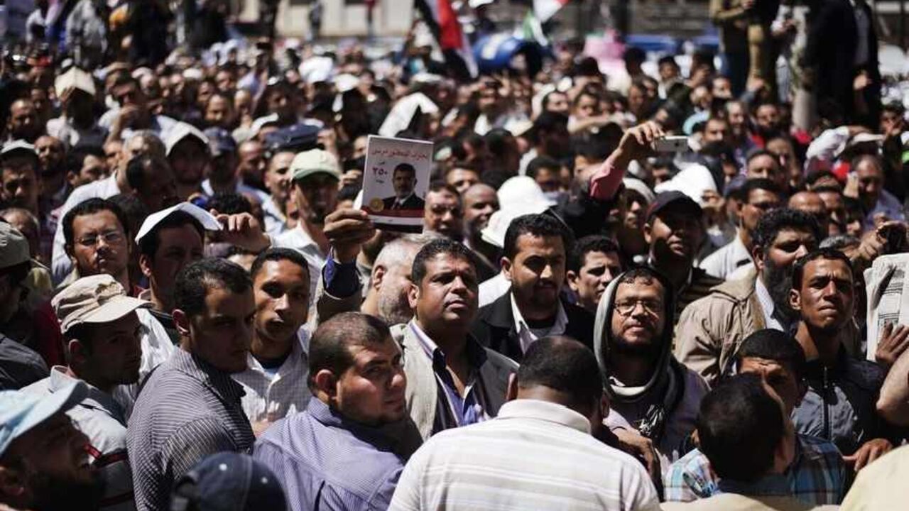 Nic6210056 Thousands of Muslim Brotherhood supporters protest in front of the High Court in Cairo demanding a purge in the Egyptian judicial system on April 19, 2013. AFP PHOTO/GIANLUIGI GUERCIA (Photo credit should read GIANLUIGI GUERCIA/AFP/Getty Images)