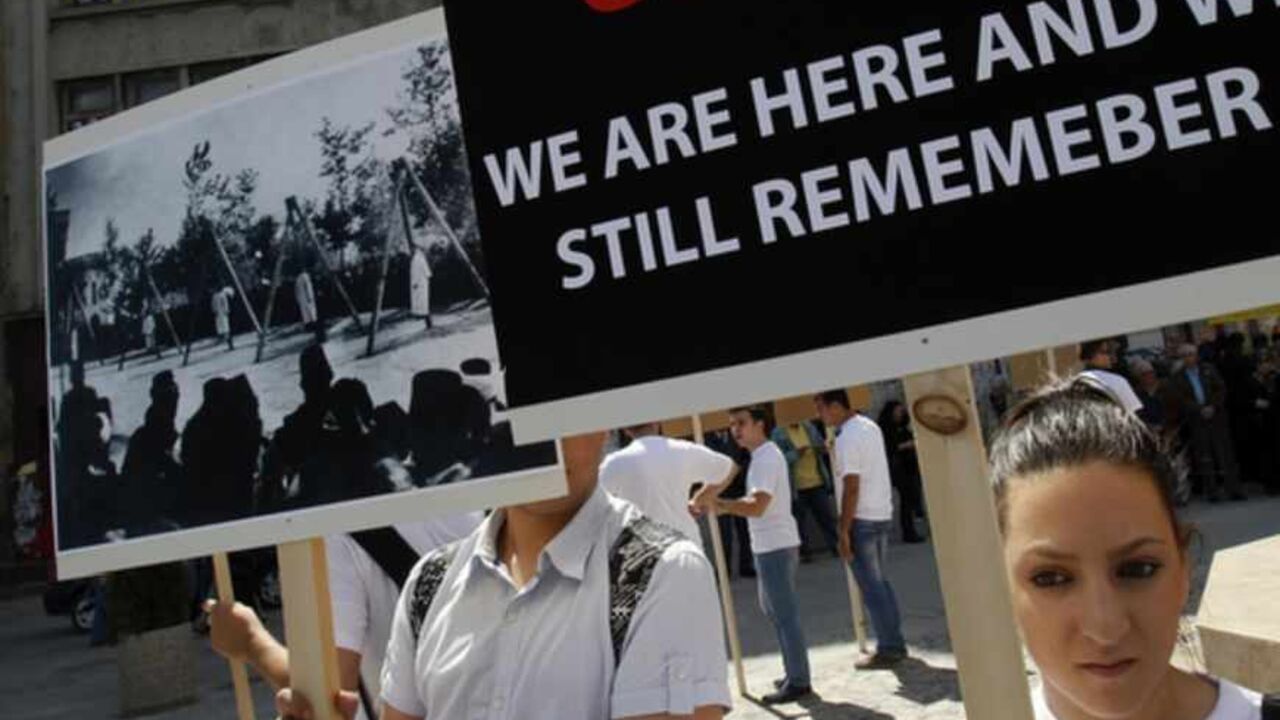 Members of Armenian community in Romania hold banners during a rally marking the anniversary of mass killings of Armenians in Ottoman Empire in 1915, in downtown Bucharest Members of Armenian community in Romania hold banners during a rally marking the anniversary of mass killings of Armenians in Ottoman Empire in 1915, in downtown Bucharest April 24, 2012. Armenia, backed by many historians and parliaments, says that about 1.5 million Christian Armenians were killed in what is now eastern Turkey during World War One in a deliberate policy of genocide ordered by the Ottoman government. Successive Turkish governments and the vast majority of Turks feel that the charge of genoc