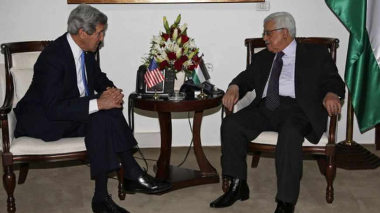 Palestinian President Abbas meets with U.S. Secretary of State Kerry in the West Bank city of Ramallah Palestinian President Mahmoud Abbas (R) meets with U.S. Secretary of State John Kerry in the West Bank city of Ramallah April 7, 2013.
REUTERS/Mohamed Torokman (WEST BANK - Tags: POLITICS) - RTXYC4Z