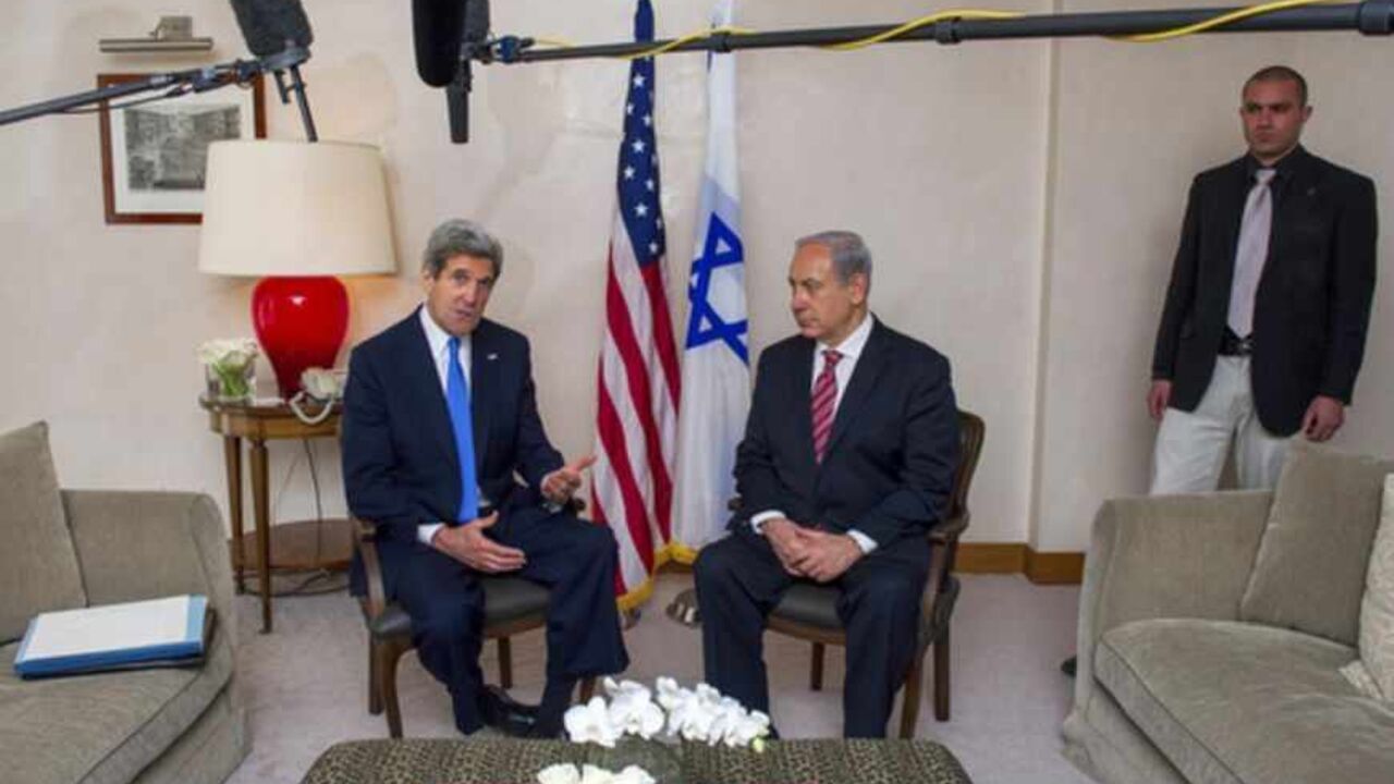 U.S. Secretary of State Kerry speaks during his meeting with Israel's PM Netanyahu in Jerusalem U.S. Secretary of State John Kerry (L) speaks during his meeting with Israel's Prime Minister Benjamin Netanyahu in Jerusalem April 9, 2013. REUTERS/Paul J. Richards/Pool (JERUSALEM - Tags: POLITICS) - RTXYEIP