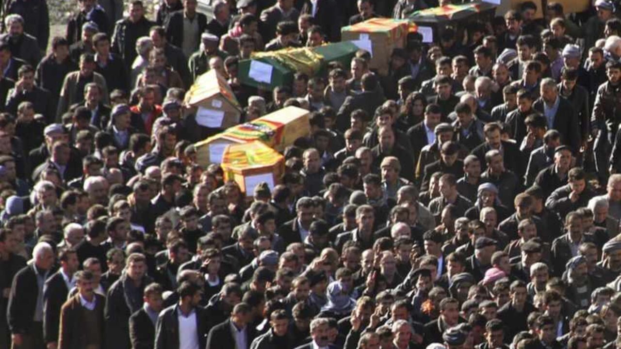 Coffins of victims killed in air strikes are carried by villagers during a funeral ceremony in Gulyazi Coffins of victims killed in air strikes are carried by villagers during a funeral ceremony in Gulyazi near the southeastern Turkish town of Uludere, in Sirnak province, December 30, 2011. Turkish rights groups called on Friday for a U.N.-sponsored investigation after Turkish warplanes killed 35 villagers in an airstrike targeting Kurdish rebels on the Iraqi border that the government has called an operational mistake. REUTERS/Stringer (TURKEY - Tags: POLITICS) - RTR2VQMI