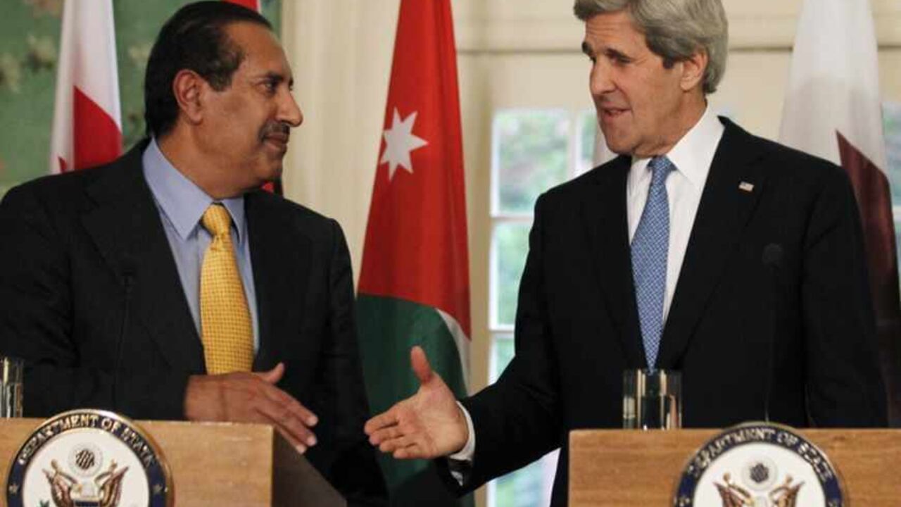 U.S. Secretary of State John Kerry shakes hands with Qatar's Prime Minister Sheikh Hamad bin Jassim al-Thani as they meet with members of the Arab League in Washington U.S. Secretary of State John Kerry (R) shakes hands with Qatar's Prime Minister Sheikh Hamad bin Jassim al-Thani as they meet with members of the Arab League at Blair House in Washington, April 29, 2013. REUTERS/Jason Reed (UNITED STATES - Tags: POLITICS) - RTXZ41W