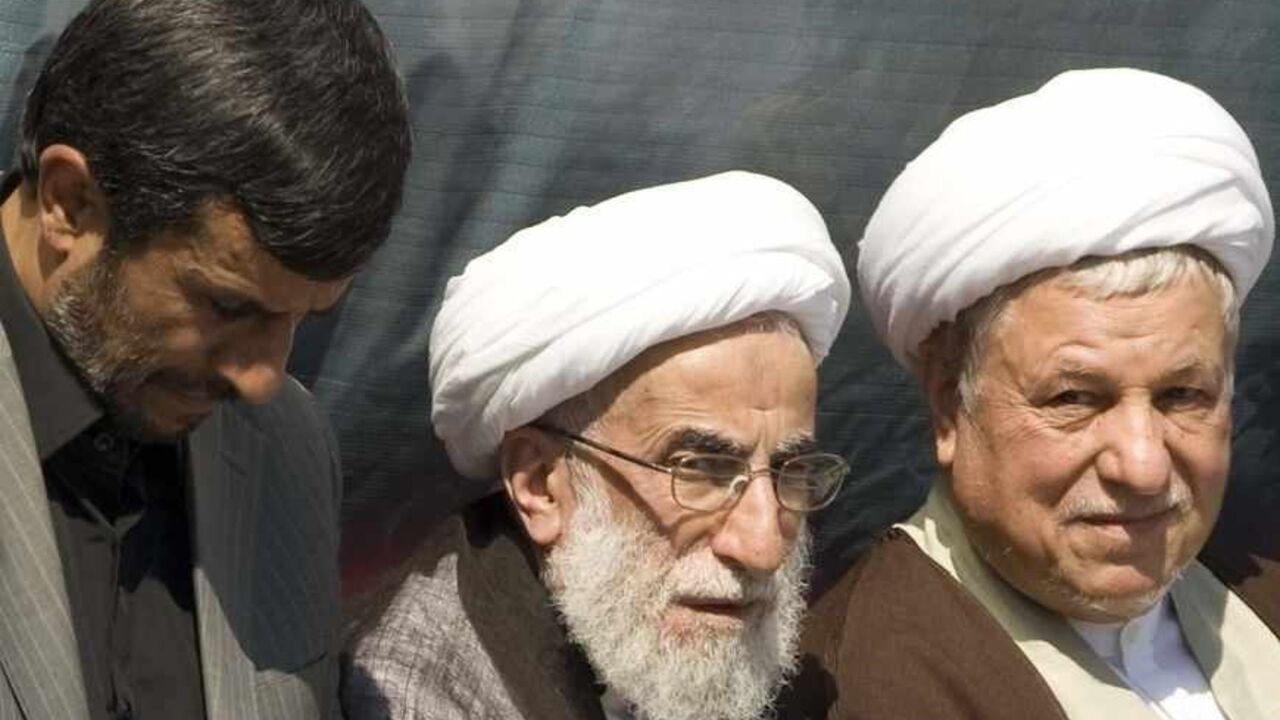 IRAN-USA/KHAMENEI (L-R) Iran's President Mahmoud Ahmadinejad, Guardian Council head Ayatollah Ahmad Janati and former President Akbar Hashemi Rafsanjani listen to the speech of supreme leader Ayatollah Ali Khamenei during a ceremony to mark the 20th anniversary of the death of the founder of the Islamic Republic Ayatollah Ruhollah Khomeini at the Behesht Zahra cemetary south of Tehran June 4, 2009. Khamenei said on Thursday the United States was deeply hated in the Middle East and told U.S. President Barack Obama that "beaut