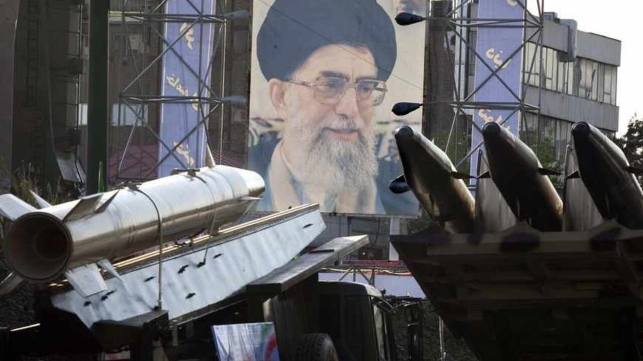IRAN/ EDITORS' NOTE: Reuters and other foreign media are subject to Iranian restrictions on their ability to film or take pictures in Tehran.
Iranian-made Fateh 110 (Conqueror) (L) and Persian Gulf (R) missiles are seen next to a portrait of Iran's Supreme Leader Ayatollah Ali Khamenei at a war exhibition held by Iran's revolutionary guard to mark the anniversary of the Iran-Iraq war (1980-88), also known in Iran as the "Holy Defence", at Baharestan square near the Iranian Parliament in southern Tehran September