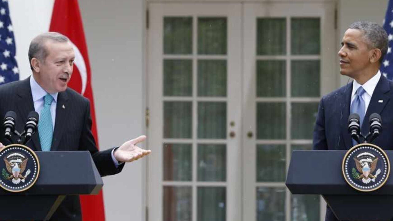 Turkish Prime Minister Erdogan answers a question as he and U.S. President Obama hold joint news conference at the White House in Washington Turkish Prime Minister Recep Tayyip Erdogan (L) answers a question as he and U.S. President Barack Obama hold a joint news conference in the White House Rose Garden in Washington, May 16, 2013. REUTERS/Jason Reed (UNITED STATES - Tags: POLITICS) - RTXZPBV