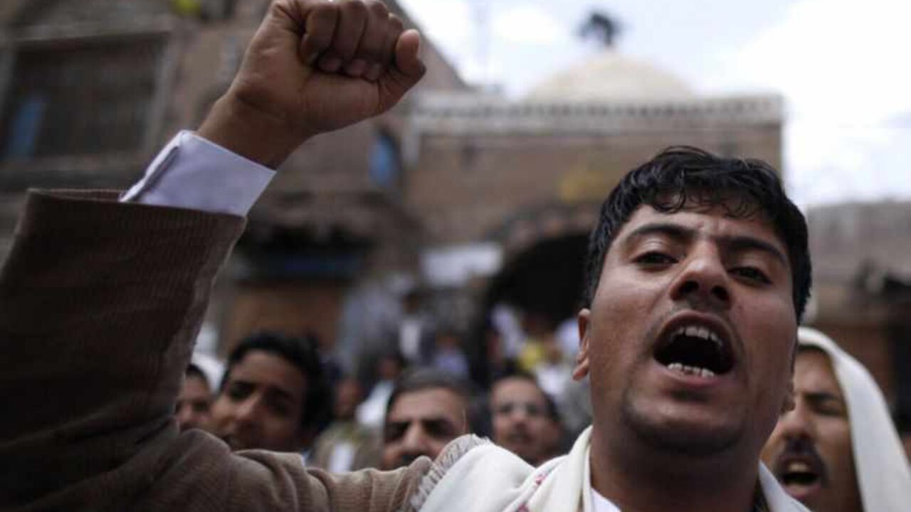 Protesters loyal to the Shi'ite al-Houthi rebel group shout slogans during a demonstration to protest against what they say is U.S. interference in Yemen Protesters loyal to the Shi'ite al-Houthi rebel group shout slogans during a demonstration to protest against what they say is U.S. interference in Yemen, including drone strikes, after their weekly Friday prayers in the Old Sanaa city April 12, 2013. REUTERS/Khaled Abdullah (YEMEN - Tags: POLITICS CIVIL UNREST RELIGION) - RTXYIU5