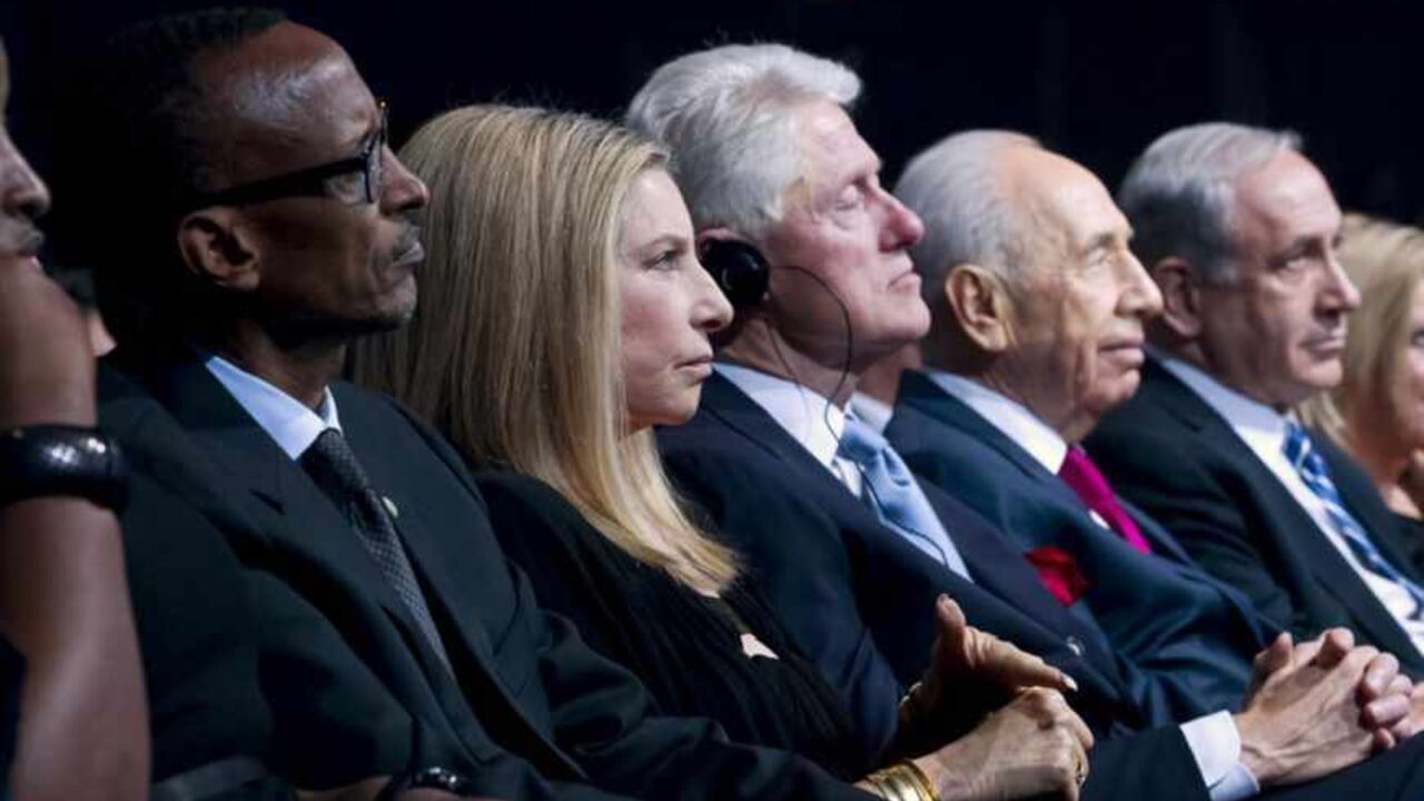 Kagame, Streisand, Clinton and Netanyahu attend celebrations marking Israeli President Peres' 90th birthday in Jerusalem Rwanda President Paul Kagame (2nd L) and his wife Jeannette (L), U.S. singer-actress Barbra Streisand (3rd L), former U.S. President Bill Clinton (4th L) and Israeli Prime Minister Benjamin Netanyahu (2nd R) and his wife Sarah (R) attend celebrations marking Israeli President Shimon Peres' (3rd R) 90th birthday in Jerusalem June 18, 2013. REUTERS/Jim Hollander/Pool (JERUSALEM - Tags: POLITICS ENTERTAINMENT) - RTX10SO1