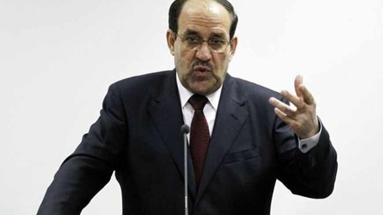 IRAQ / Iraq's Prime Minister Nuri al-Maliki speaks during the opening ceremony of the Defence University for Military Studies inside Baghdad's heavily-fortified Green Zone June 17, 2012. REUTERS/Thaier al-Sudani (IRAQ - Tags: MILITARY POLITICS) - RTR33R99