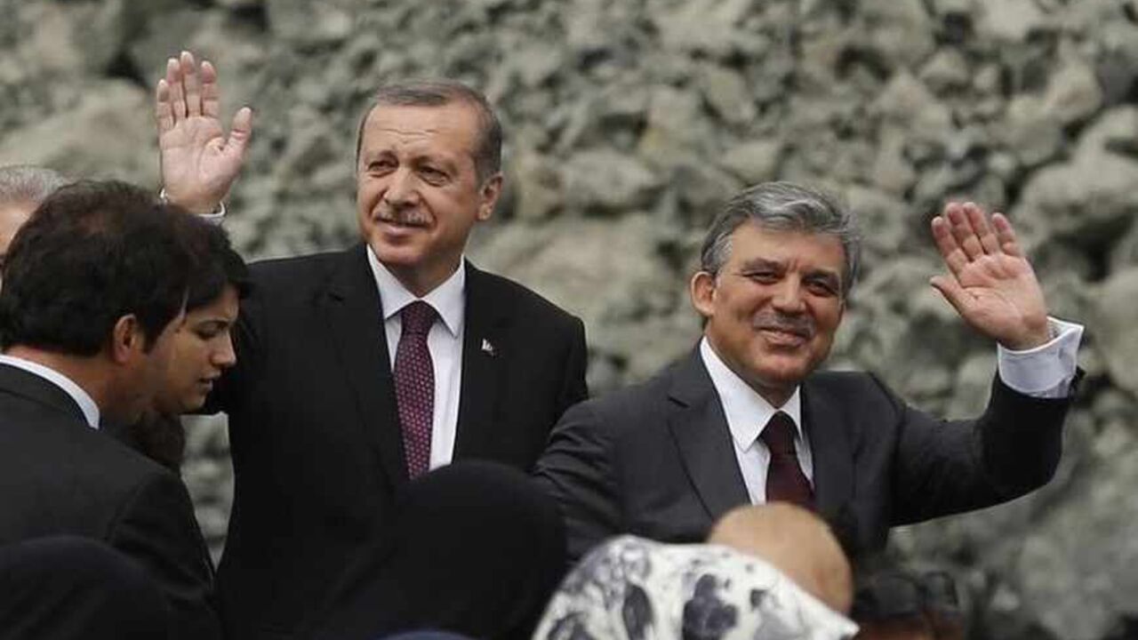 Turkey's PM Erdogan and President Gul wave as they arrive at a groundbreaking ceremony for the third Bosphorus bridge linking the European and Asian sides of Istanbul Turkey's Prime Minister Tayyip Erdogan and President Abdullah Gul (R) wave as they arrive at a groundbreaking ceremony for the third Bosphorus bridge linking the European and Asian sides of Istanbul May 29, 2013. REUTERS/Murad Sezer (TURKEY - Tags: BUSINESS CONSTRUCTION POLITICS) - RTX1050K