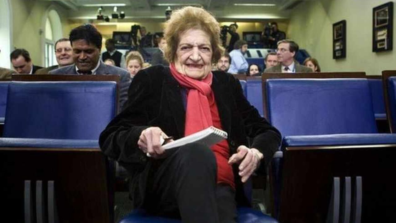 Helen Thomas, dean of the White House press corps, takes her seat after recovering from a long illness in the Briefing Room at the White House Helen Thomas, dean of the White House press corps, takes her seat after recovering from a long illness in the Briefing Room at the White House in Washington, DC, November 11, 2008. REUTERS/Joshua Roberts (UNITED STATES) - RTXAIW4