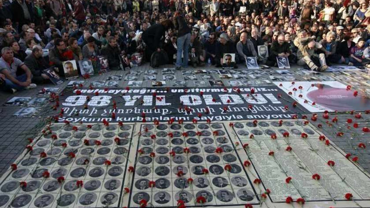 Human rights activists sit behind pictures of Armenian victims at Taksim square in central Istanbul Human rights activists sit behind pictures of Armenian victims at Taksim square in central Istanbul April 24, 2013, during a demonstration to commemorate the 1915 mass killing of Armenians in the Ottoman Empire. REUTERS/Osman Orsal (TURKEY - Tags: ANNIVERSARY POLITICS CIVIL UNREST) - RTXYYD8
