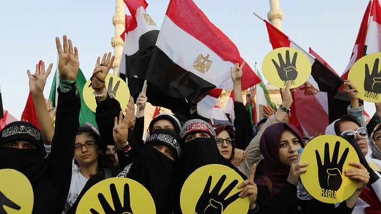 Supporters of Egypt's deposed Islamist President Mohamed Mursi and the Muslim Brotherhood wave Egyptian flags during a rally in protest against the recent violence in Egypt, outside of the Eminonu New mosque in Istanbul August 17, 2013. REUTERS/Murad Sezer (TURKEY  - Tags: POLITICS CIVIL UNREST) - RTX12P9I