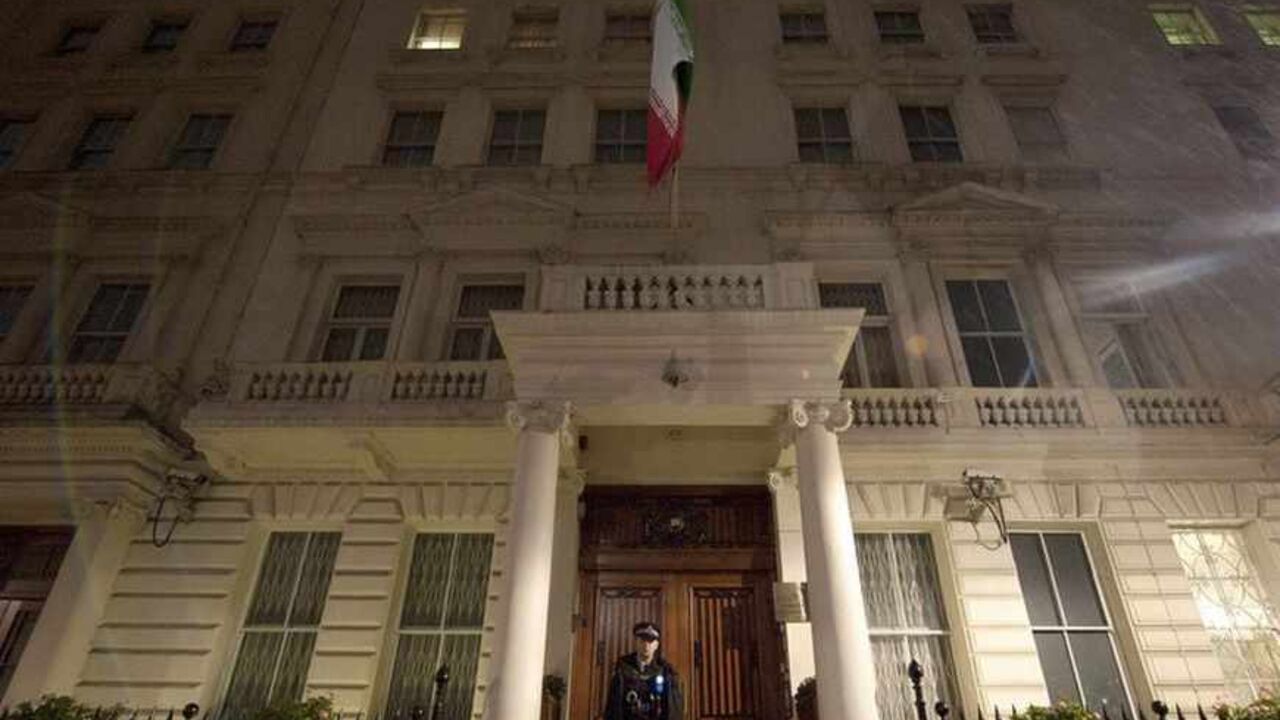 A police officer stands on the step of the Iranian Embassy in central London A police officer stands on the step of the Iranian Embassy in central London December 1, 2011. Britain will call for stronger economic sanctions on Iran at a meeting of European Union foreign ministers in Brussels on Thursday following the storming of its embassy in Tehran, UK Foreign Secretary William Hague said on Thursday. REUTERS / Ki Price (BRITAIN - Tags: POLITICS) - RTR2UPPE