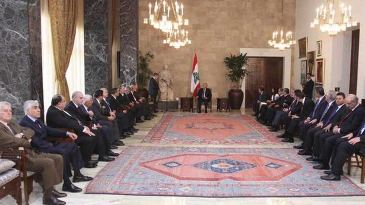 Lebanon's President Suleiman meets with members of "March 14" coalition in Baabda Lebanon's President Michel Suleiman (C) meets with members of "March 14" coalition at the presidential palace in Baabda, near Beirut, June 18, 2013. Lebanon's main Sunni Muslim political party pleaded with the presidency on Tuesday to prevent "state collapse", blaming the Shi'ite Hezbollah group for dragging the country into the war in neighbouring Syria. REUTERS/Dalati Nohra/Handout via Reuters (LEBANON - Tags: POLITICS) ATTENTION EDITORS - THIS IMAGE WAS PROVIDED BY A THIRD PARTY. FOR EDITORIAL USE ONLY.