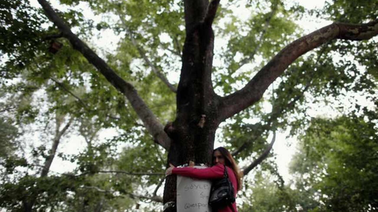 A woman hugs a tree in silence during a protest at Kugulu park in central Ankara A woman hugs a tree in silence during a protest at Kugulu park in central Ankara June 18, 2013. Overnight in Ankara, riot police used tear gas and water cannon to disperse hundreds of protesters who had gathered in and around the government quarter of Kizilay. But in stark contrast to the recent fierce clashes in several cities, dozens of protesters merely stood in silence in Istanbul, Ankara and Izmir, inspired by a man who lit up social media by doing just that for eight hours in Istanbul's Taksim Square