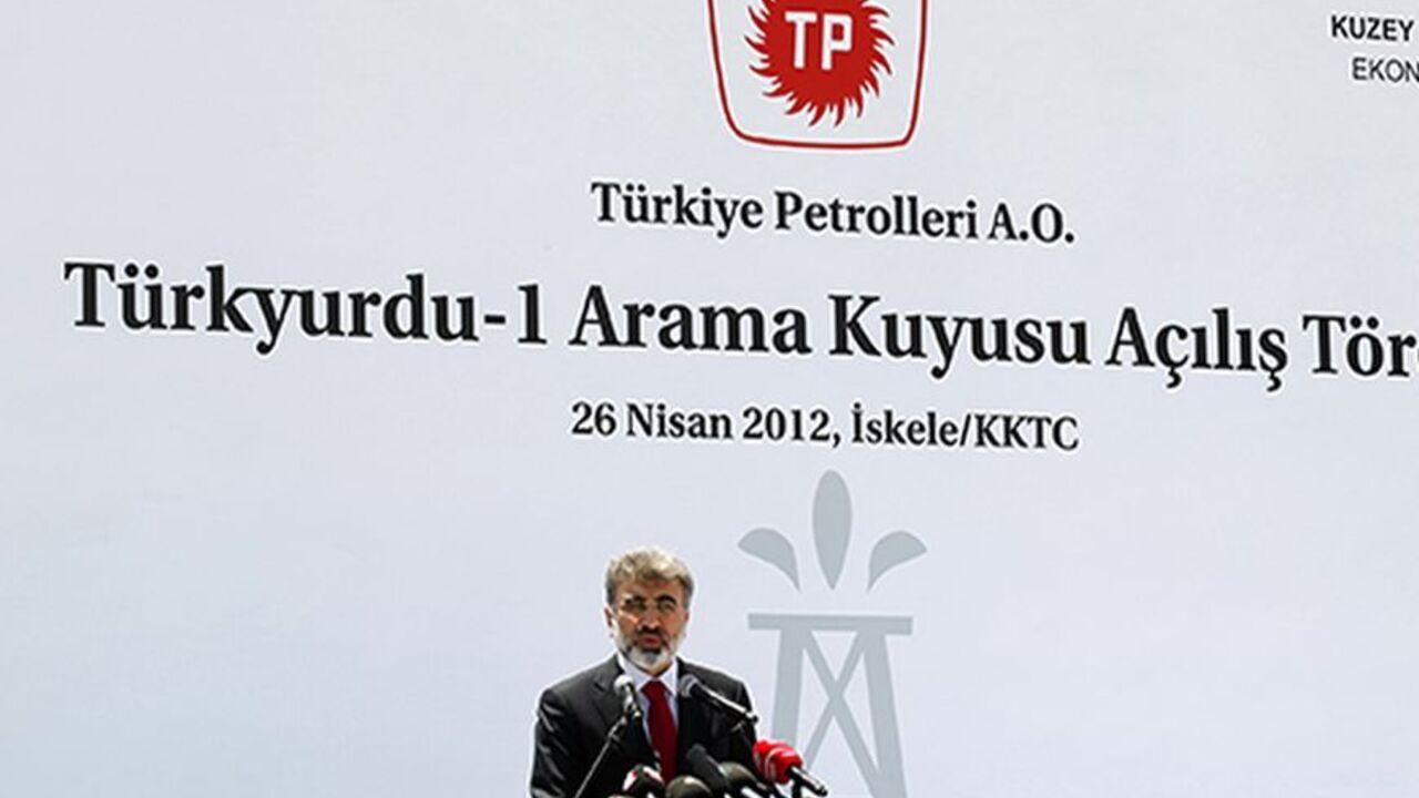 TURKEY-CYPRUS/ Turkey's Energy Minister Taner Yildiz addresses the audience during a ceremony in Famagusta April 26, 2012. Turkish Cypriot leader Dervis Eroglu and Yildiz attended the ceremony marking the start of joint gas and oil exploration works in northern Cyprus between Turkey's state-owned energy company TPAO and the Turkish-Cypriot administration. REUTERS/Umit Bektas (CYPRUS - Tags: POLITICS ENERGY BUSINESS) - RTR318P5