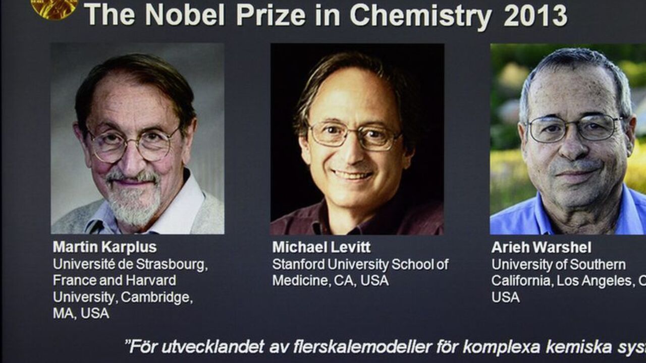 Photos of Martin Karplus, Michael Levitt and Arieh Warshel, the three laureates of the 2013 Nobel Prize for Chemistry, is seen on a screen during the announcement of the winners at the Royal Swedish Academy of Sciences in Stockholm Photos of Martin Karplus, Michael Levitt and Arieh Warshel, the three laureates of the 2013 Nobel Prize for Chemistry, is seen on a screen during the announcement of the winners at the Royal Swedish Academy of Sciences in Stockholm October 9, 2013. Karplus, Levitt and Warshel won the 2013 Nobel Prize for chemistry for the development of multiscale models for complex chemical systems, the award-giving body said on Wednesday. REUTERS/Claudio Bresciani/TT News Agency (SWEDEN - Tags: MEDIA SCIENCE TECHNOLOGY)